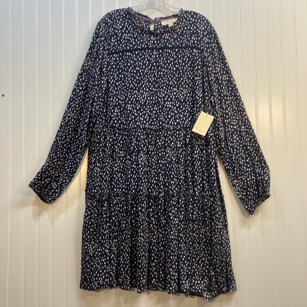 Nurture by Westbound Navy White Dot Tiered Mini Dress XL NWT Long Sleeve Ruffle